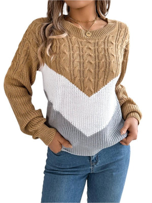 top Cable-Knit Color Block Round Neck Sweater Camel / S Trendsi