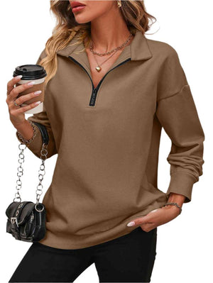 Top Zip-Up Dropped Shoulder Sweatshirt Camel / S Trendsi