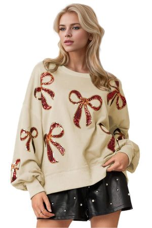 top Double Take Christmas Bow Sequin Round Neck Dropped Shoulder Sweatshirt Cream / S Trendsi