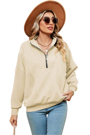 top Half Zip Dropped Shoulder Sweatshirt Cream / S Trendsi