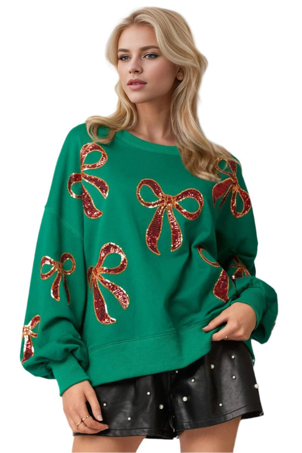 top Double Take Christmas Bow Sequin Round Neck Dropped Shoulder Sweatshirt Dark Green / S Trendsi