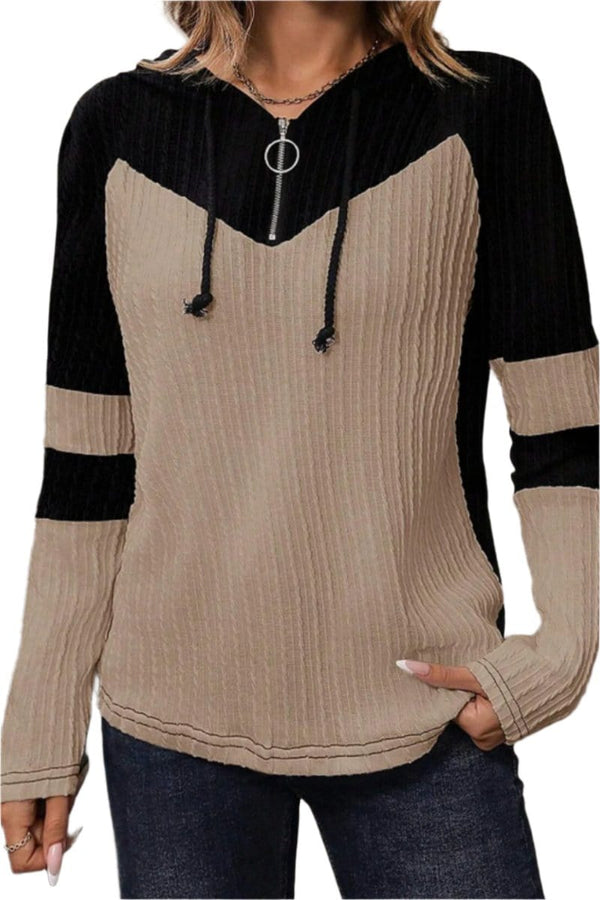 top Drawstring Quarter Zip Contrast Long Sleeve Hoodie Trendsi