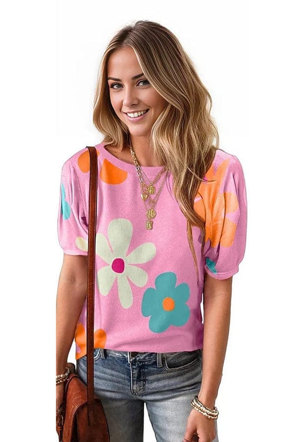 top Flower Round Neck Short Sleeve Blouse Trendsi