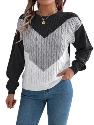 top Contrast Round Neck Long Sleeve Sweater Gray / S Trendsi