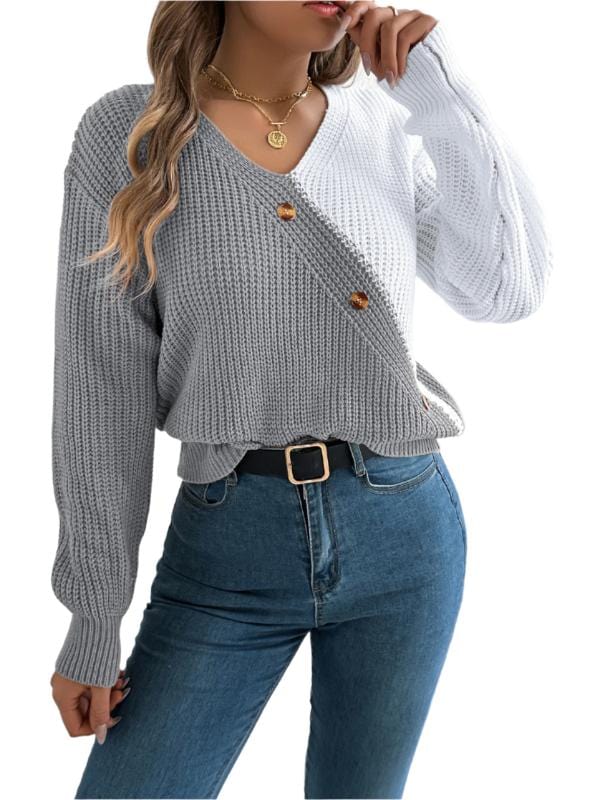 top Two-Tone V-Neck Long Sleeve Sweater Gray / S Trendsi