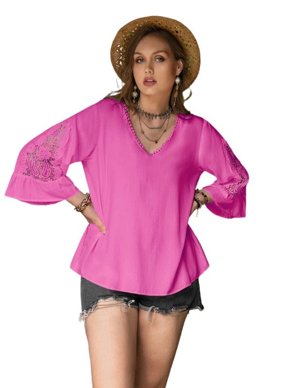 Top Plus Size Flower Crochet Flare Sleeve Top in Hot Pink or Black Hot Pink / 1XL Trendsi