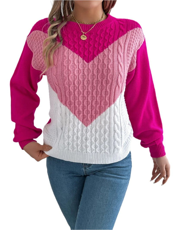 top Contrast Round Neck Long Sleeve Sweater Hot Pink / S Trendsi