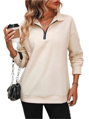 Top Zip-Up Dropped Shoulder Sweatshirt Light Apricot / S Trendsi