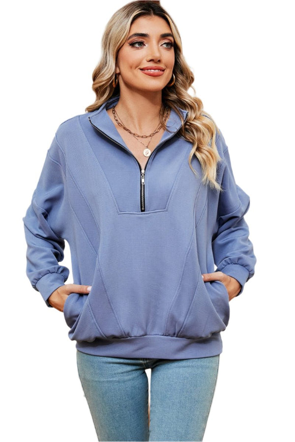 top Half Zip Dropped Shoulder Sweatshirt Light Blue / S Trendsi