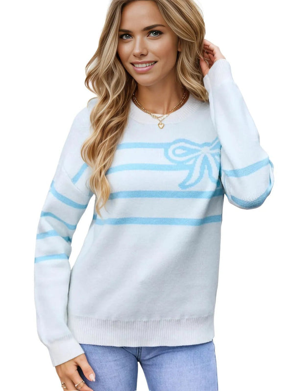 top Angel Wings Striped Long Sleeve Bow Sweater Pastel  Blue / S Trendsi