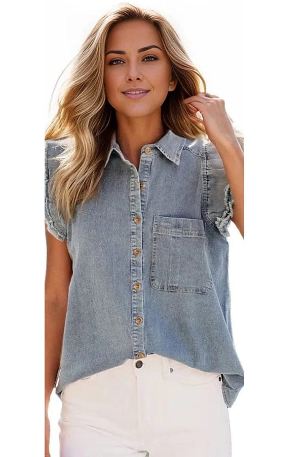 top Raw Hem Button Up Cap Sleeve Denim Top Trendsi