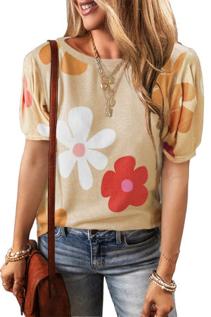 top Flower Round Neck Short Sleeve Blouse Tan / M Trendsi