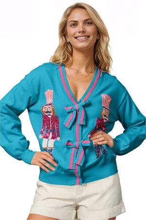 top Double Take  Nutcracker Sequin Bow Cardigan Turquoise / S/M Trendsi