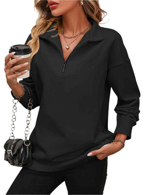 Top Zip-Up Dropped Shoulder Sweatshirt Trendsi