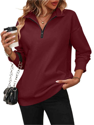 Top Zip-Up Dropped Shoulder Sweatshirt Trendsi