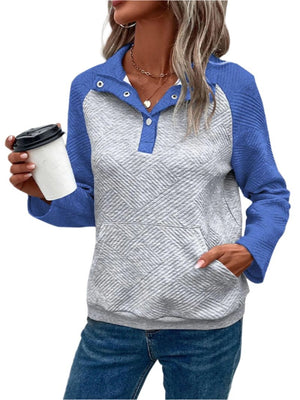 Tops Perfee Contrast Textured Sweatshirt Blue / S Trendsi