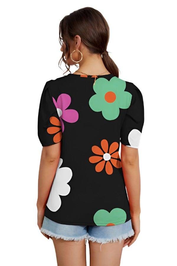 tops Flower Round Neck Short Sleeve Black Blouse Trendsi