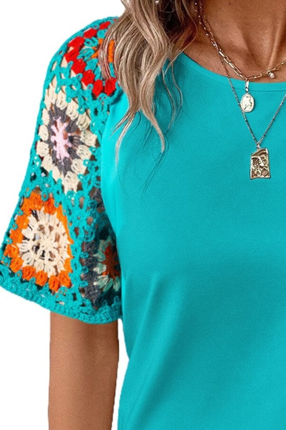 Tops Geometric Round Neck Short Sleeve Blouse Trendsi