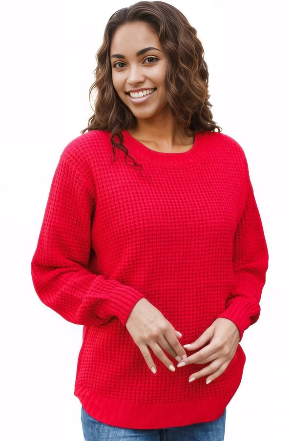 All Present Christmas Red Waffle Knit Hi-Low Sweater Zenana