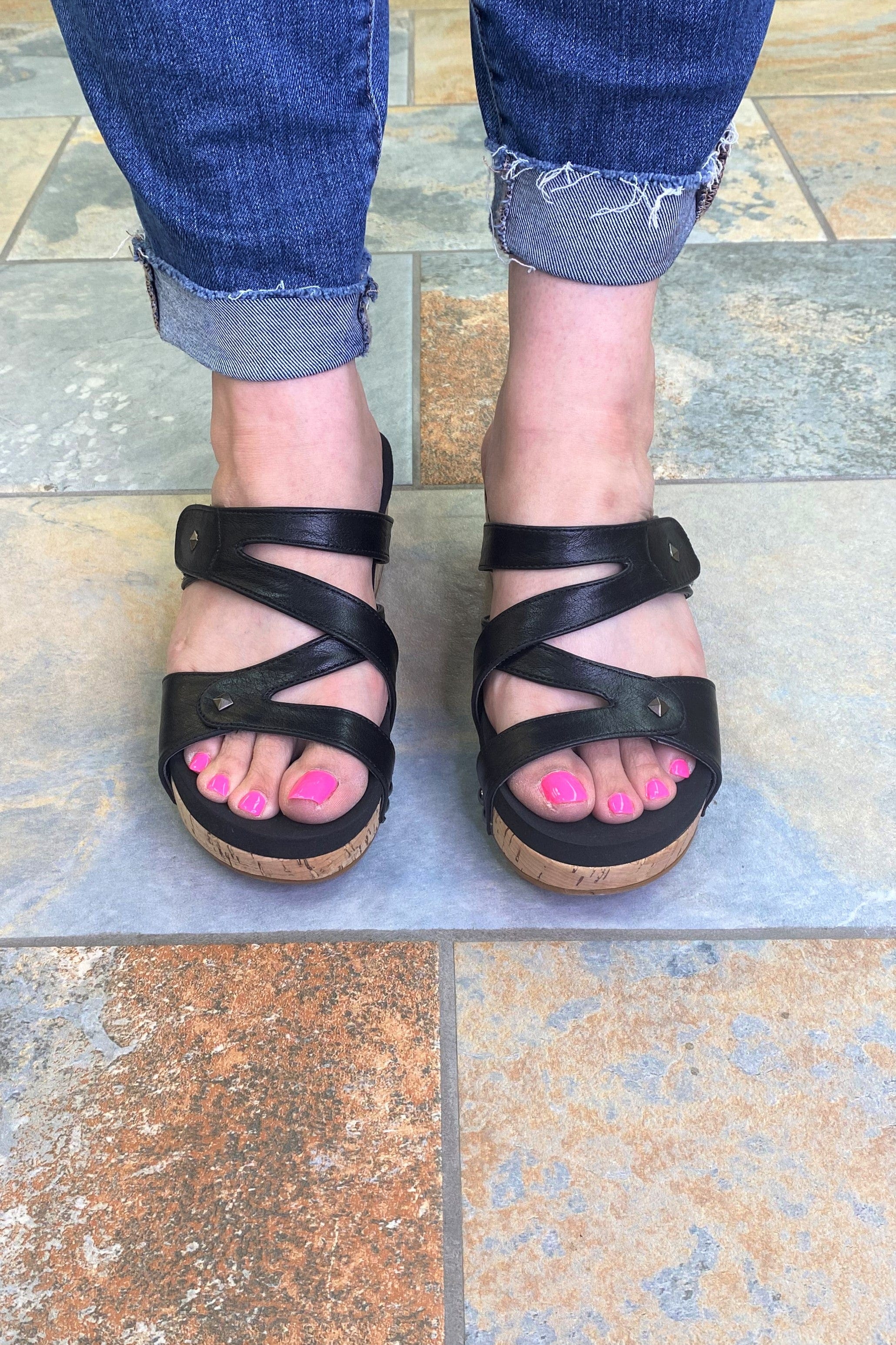 Corkys |Women's Wander Slip On Wedge Sandal in Black|All That Glitters
