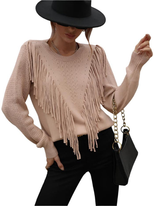 Fringe Detail Ribbed Trim Sweater-(Pre-Order) Peach / S Trendsi